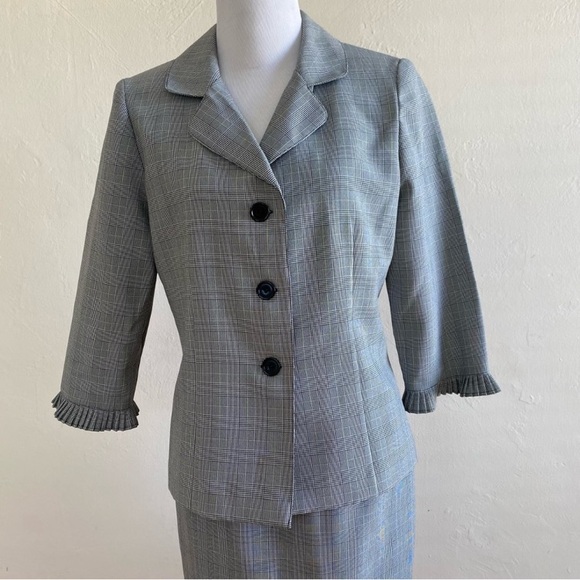 VINTAGE PLAZA SOUTH SKIRT JACKET 2Pc SET SUIT PLAID GRAY SIZE 6 RUFFLE OFFICE - Picture 3 of 12